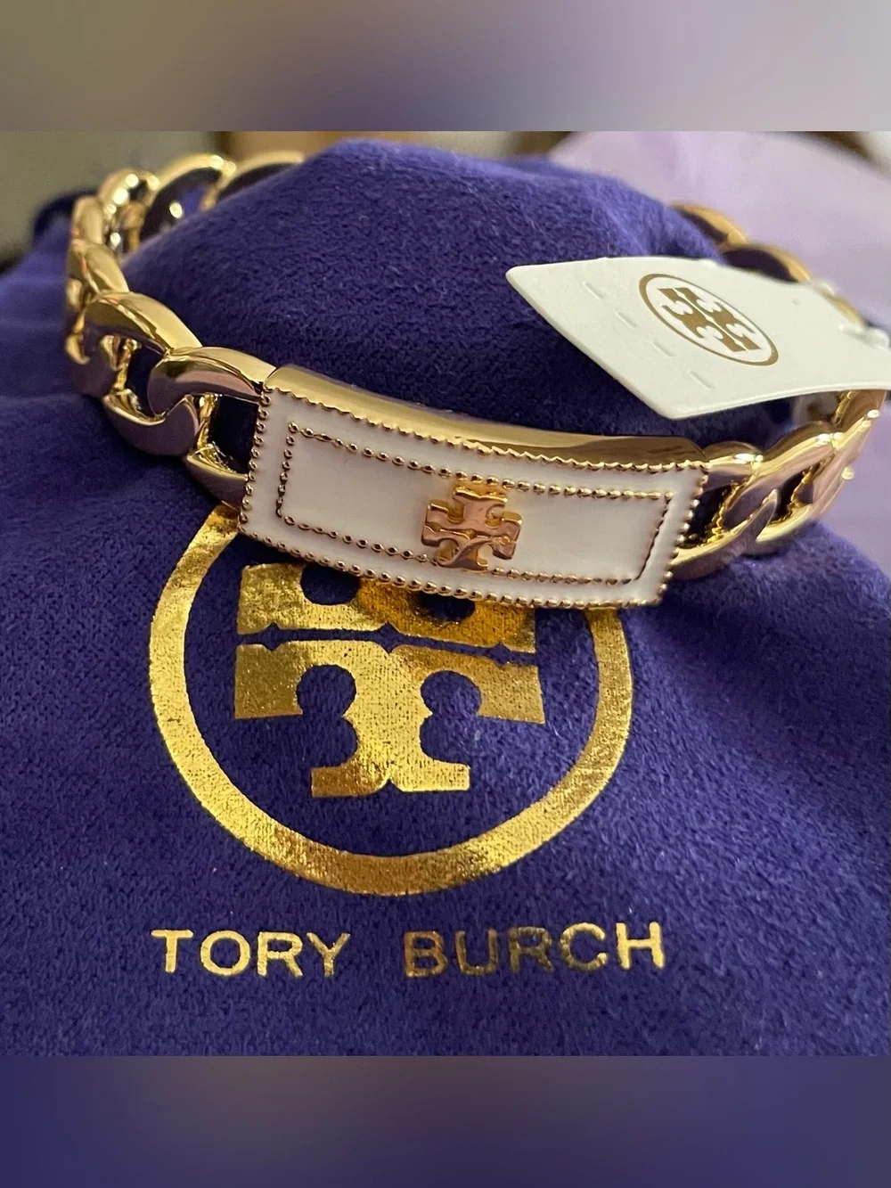 Tory Burch Gold and White Enamel Logo Bracelet